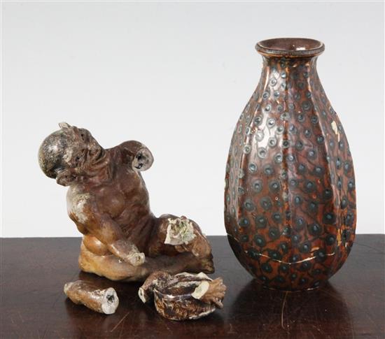A Martin Bros stoneware imp musician figure and a Martin Bros slipware vase, late 19th / early 20th century, 9cm and 14cm, both extensi